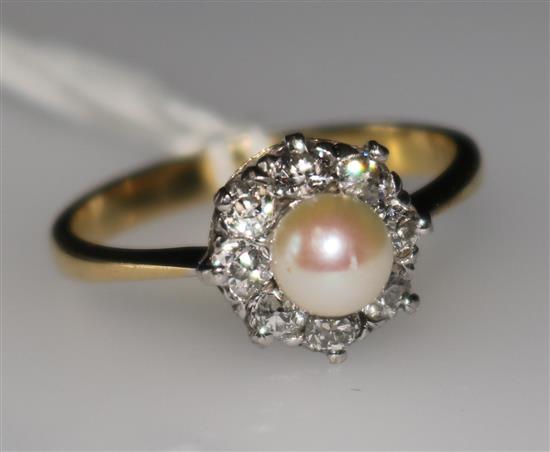 An 18ct gold, diamond and cultured pearl cluster ring, size O.